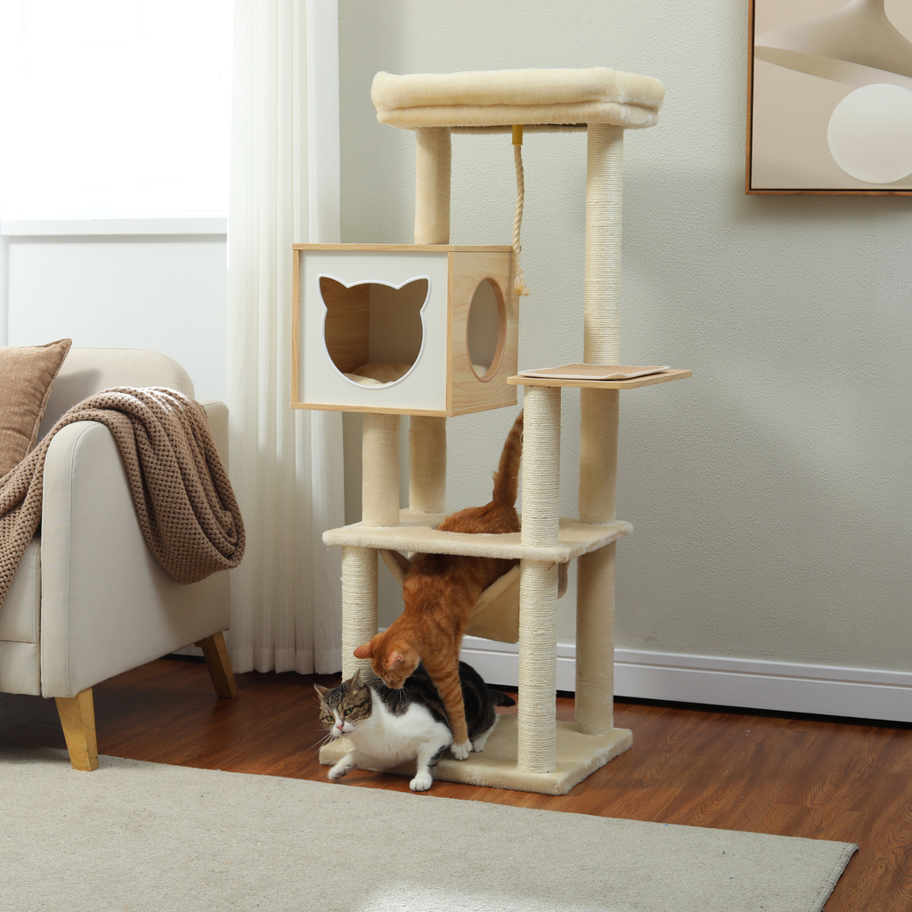EcoPawPaw 132cm Modern Wooden Cat Tree with Cozy Condo, Hammock & Large Top Perch