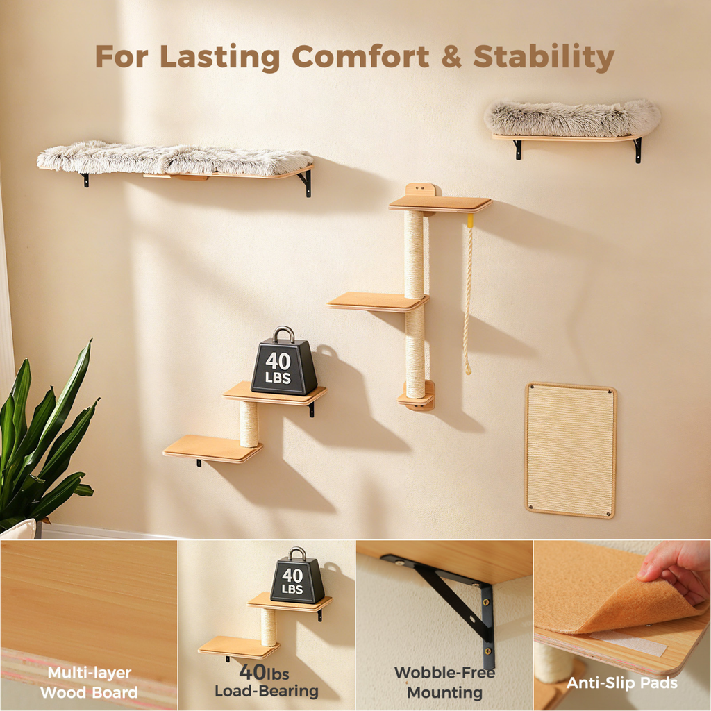 EcoPawPaw Natural Wall-Mounted Cat Climbing Set