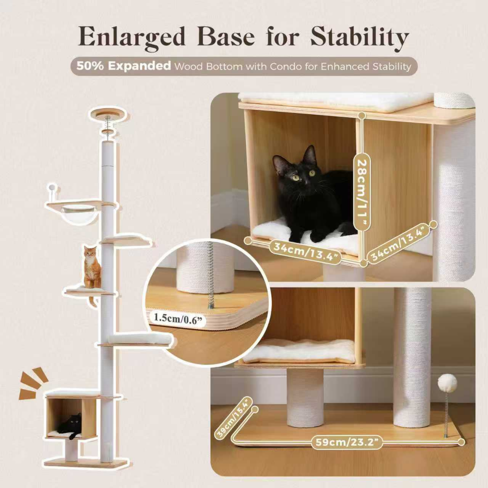 EcoPawPaw Adjustable Floor-to-Ceiling Cat Tree | 225–284cm Cat Tower with Condo & Acrylic Bowl