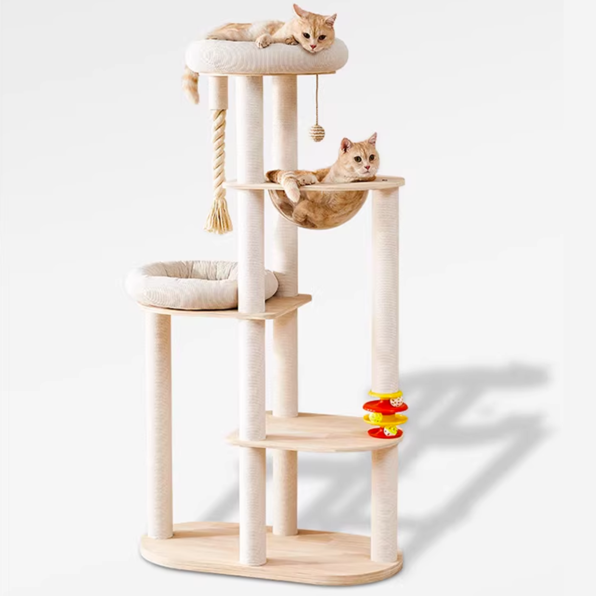 Natural Solid Oak Cat Tree – Modern Z-Shaped Wooden Cat Tower with Hammock & Scratching Posts (154 cm Tall)