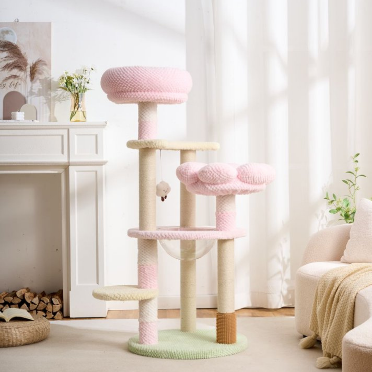 EcoPawPaw 128cm Pink Flower Cat Tree with Transparent Hammock & Sisal Scratching Posts