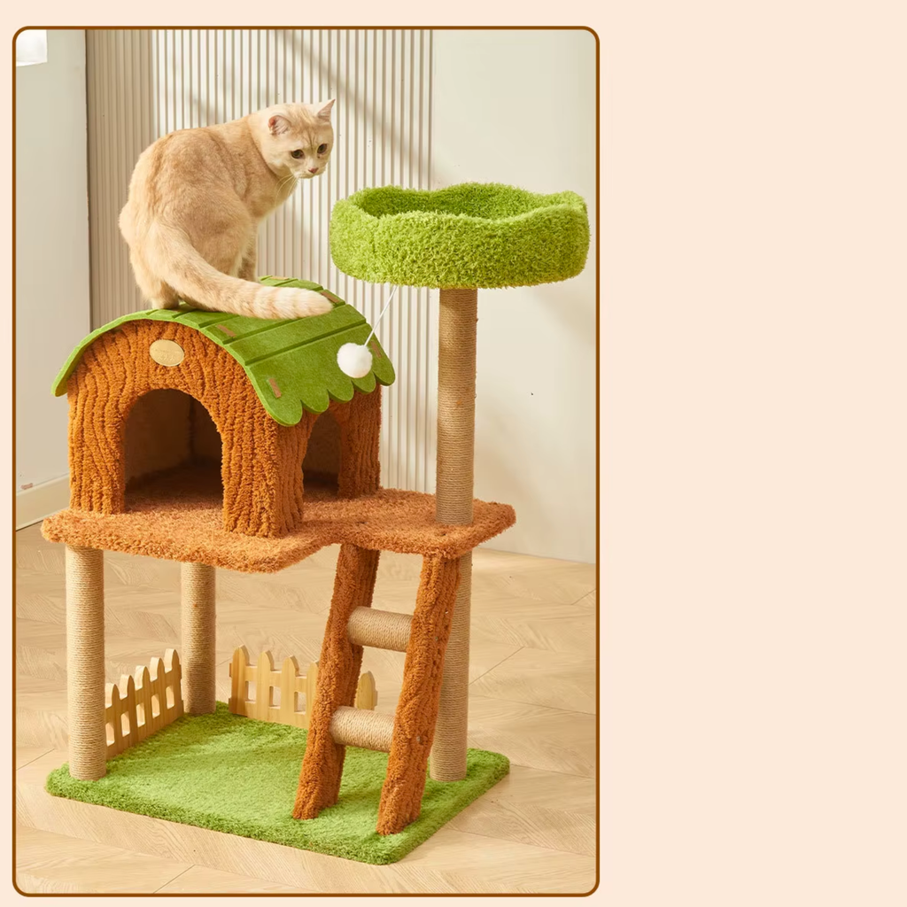 EcoPawPaw Forest Cottage Cat Tree Collection | Woodland Cat Tower with Cozy House, Scratching Posts & Lounge Bed