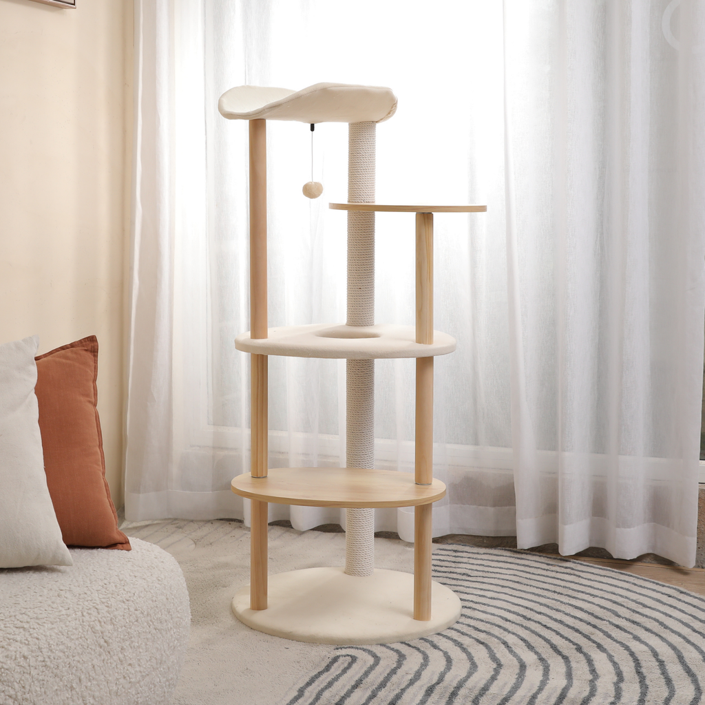 EcoPawPaw 124.5cm Japanese Minimalist Wooden Cat Tree – Modern Japandi Cat Tower with Scratching Post, Washable Pads & Perches