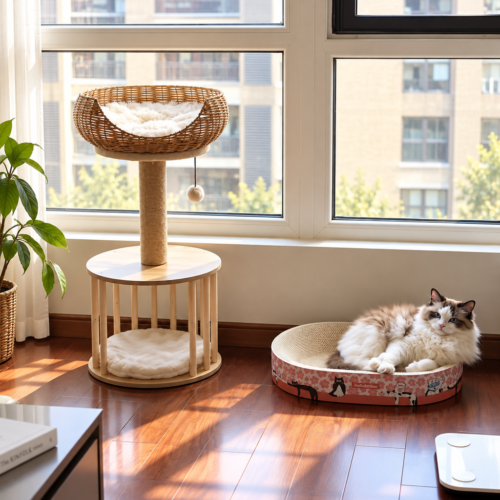EcoPawPaw Natural Wood Cat Tree with Rattan Nest – 76 cm