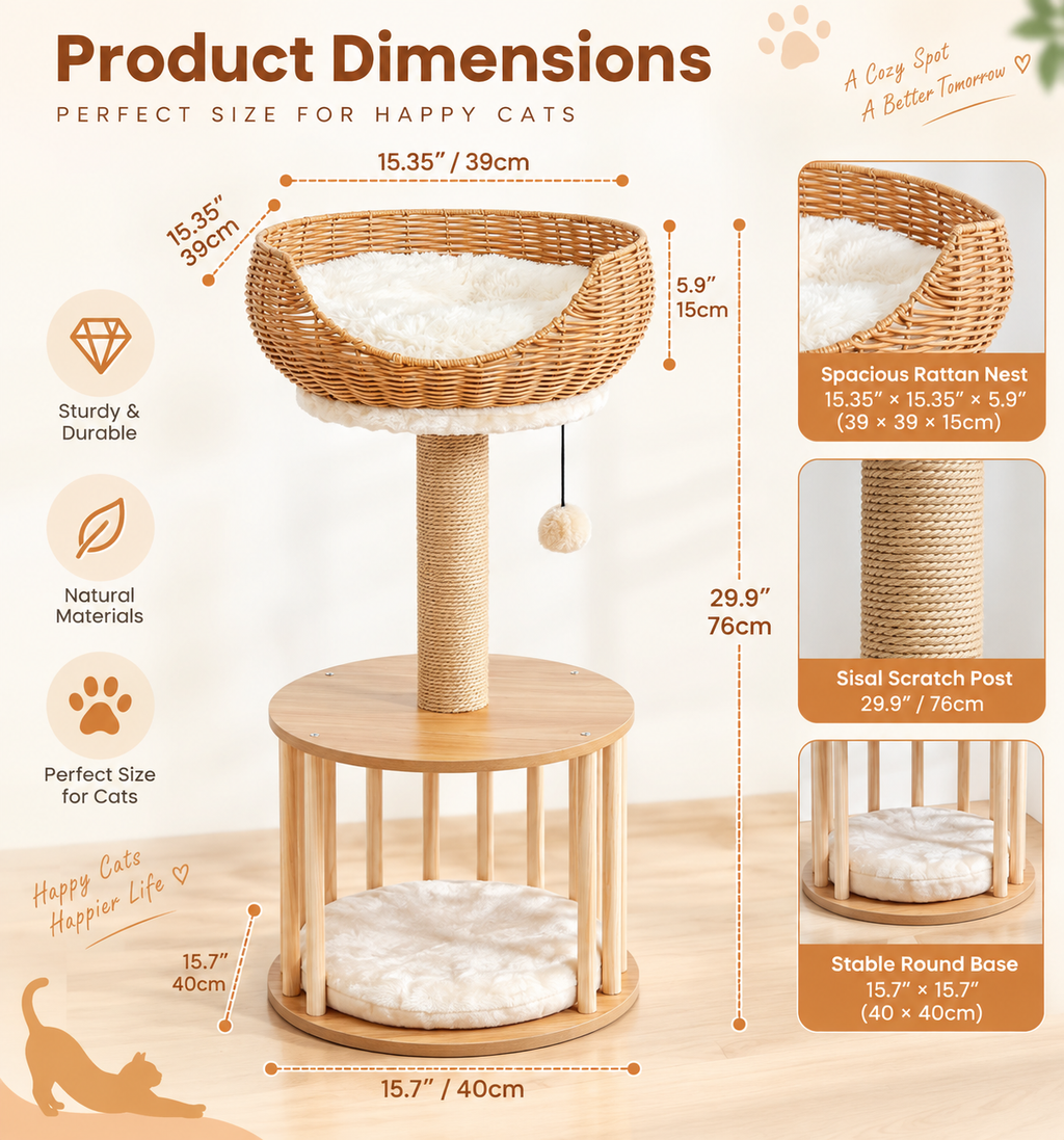 EcoPawPaw Natural Wood Cat Tree with Rattan Nest – 76 cm