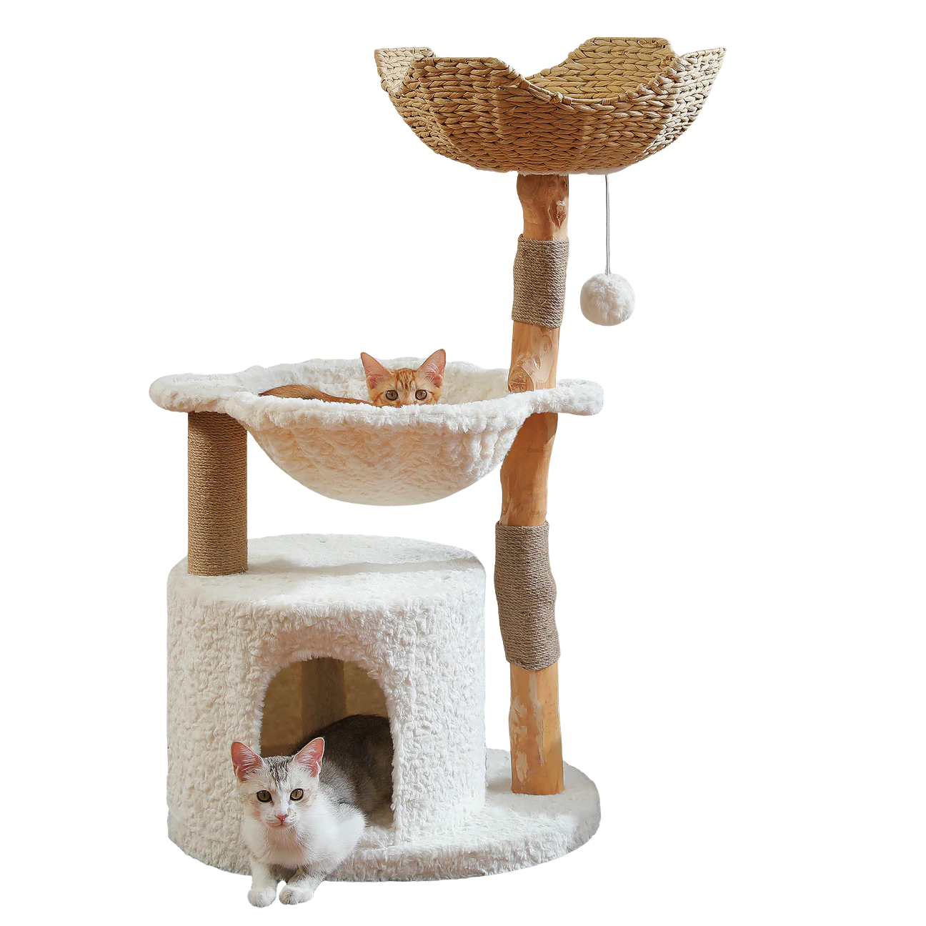 Wooden cat tree with woven basket, plush hammock and condo, with two cats