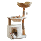 Modern Wooden Cat Tree with Woven Basket & Condo