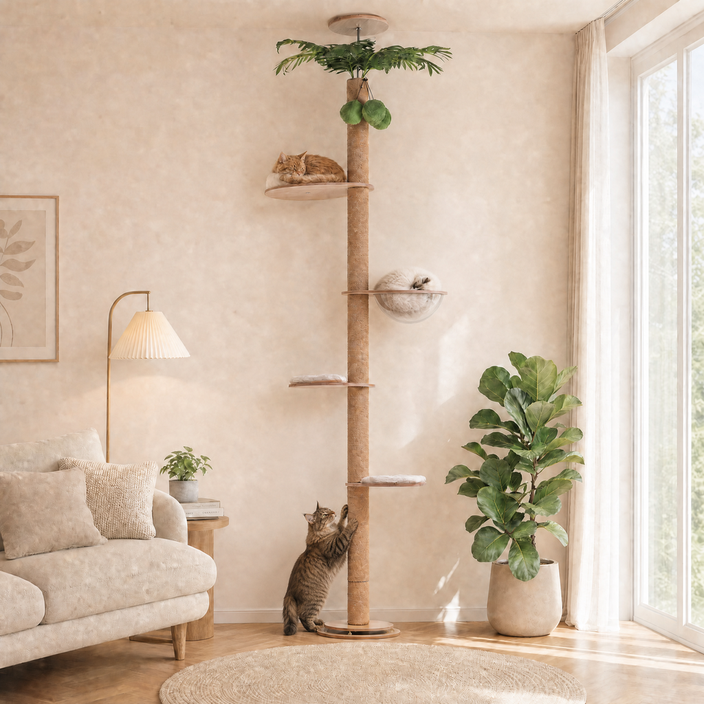 EcoPawPaw Adjustable Floor-to-Ceiling Cat Tree 245–305 cm – Tall Wooden Cat Tower with 10.5 cm Thick Sisal Post, Clear Capsule & Adjustable Platforms