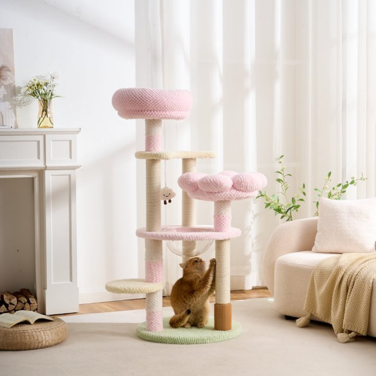 EcoPawPaw 128cm Pink Flower Cat Tree with Transparent Hammock & Sisal Scratching Posts