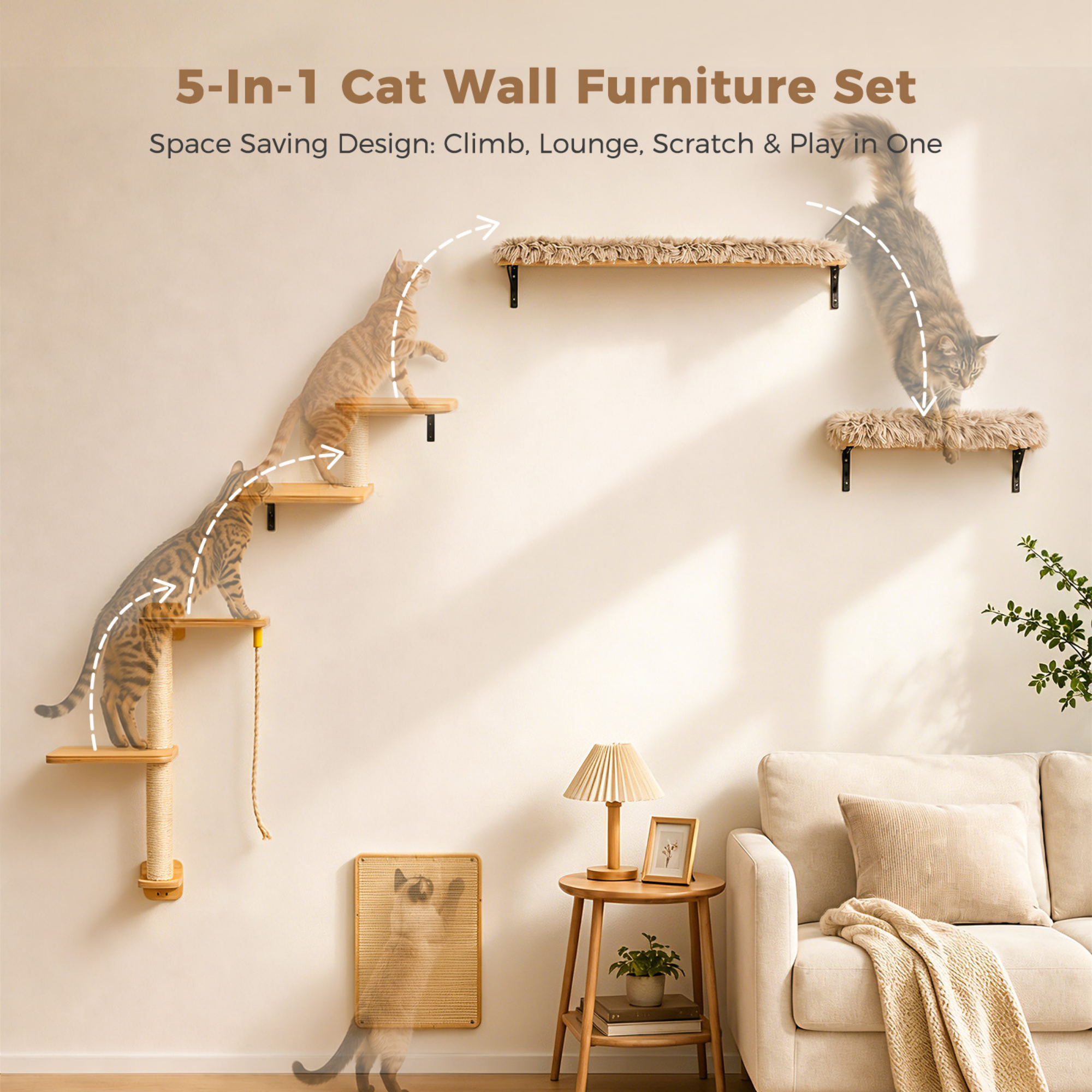 EcoPawPaw Natural Wall-Mounted Cat Climbing Set