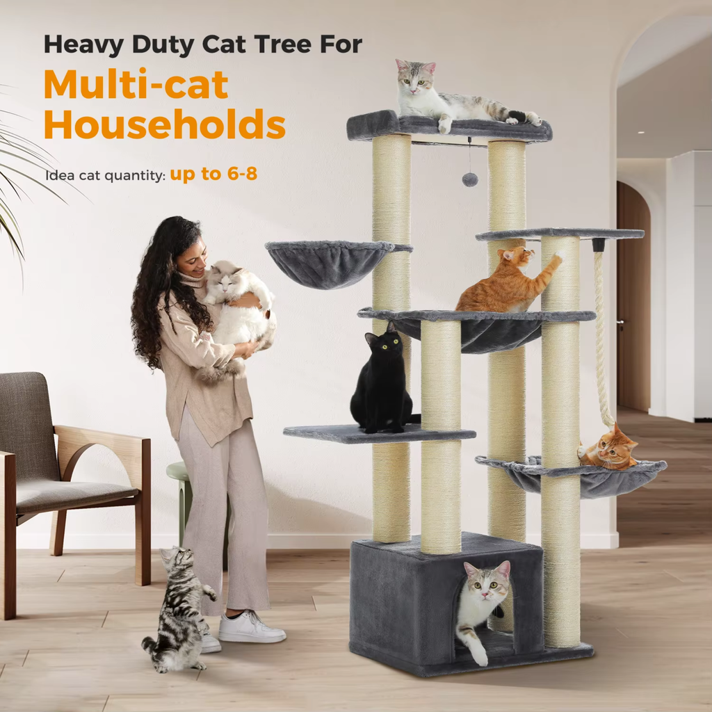 Ecopawpaw XXL Cat Tree for Large Cats 170CM – Heavy Duty Cat Tower with Extra Thick Sisal Posts, Hammocks, Condo & Large Platforms for Maine Coons