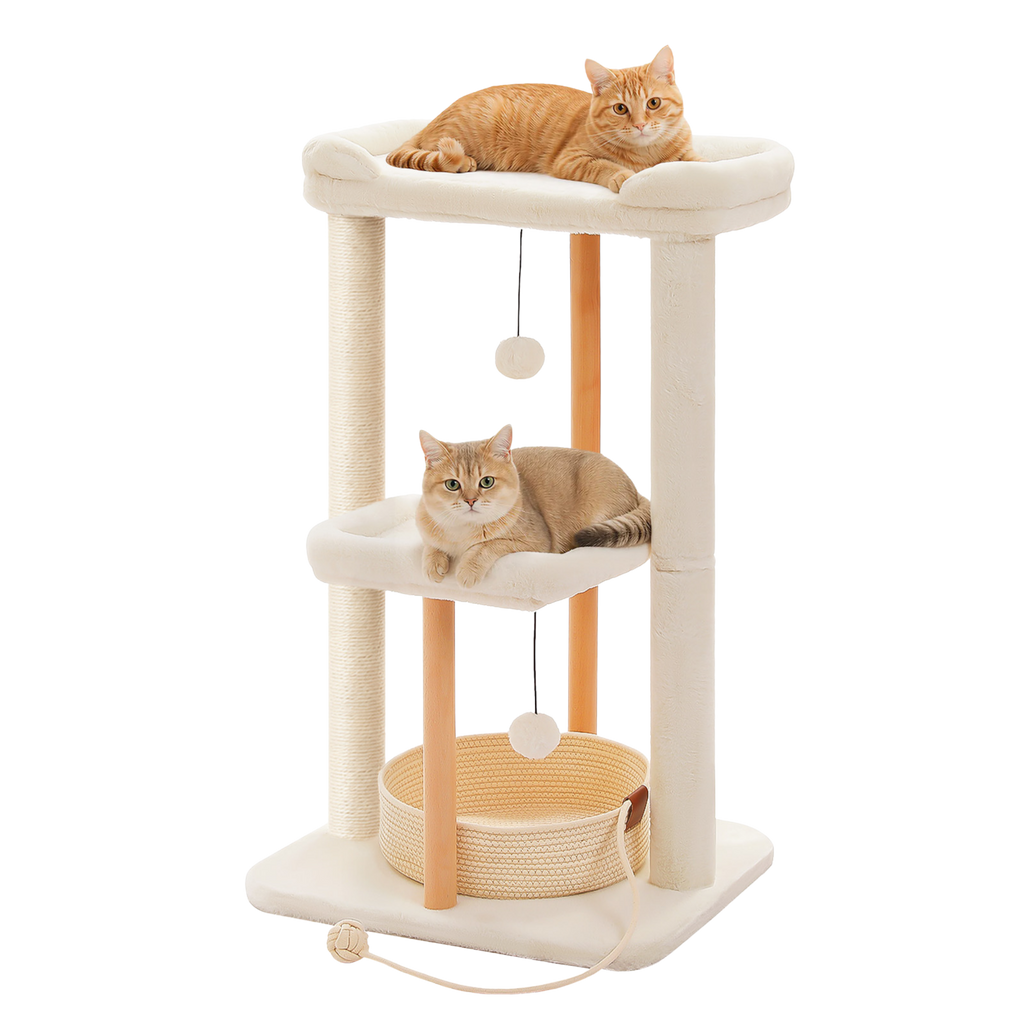 EcoPawPaw 88cm Premium Beech Wood Cat Tree – Large Top Bed, Removable Cat Basket & Sisal Scratching Post
