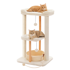 EcoPawPaw 88cm Premium Beech Wood Cat Tree – Large Top Bed, Removable Cat Basket & Sisal Scratching Post