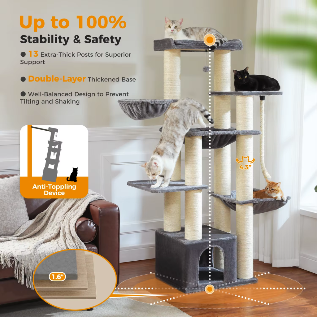 Ecopawpaw XXL Cat Tree for Large Cats 170CM – Heavy Duty Cat Tower with Extra Thick Sisal Posts, Hammocks, Condo & Large Platforms for Maine Coons