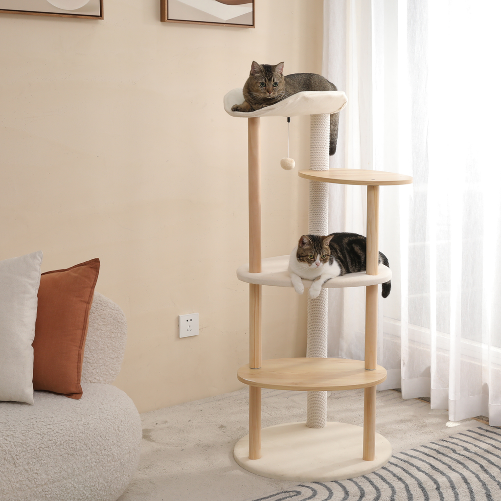 EcoPawPaw 124.5cm Japanese Minimalist Wooden Cat Tree – Modern Japandi Cat Tower with Scratching Post, Washable Pads & Perches