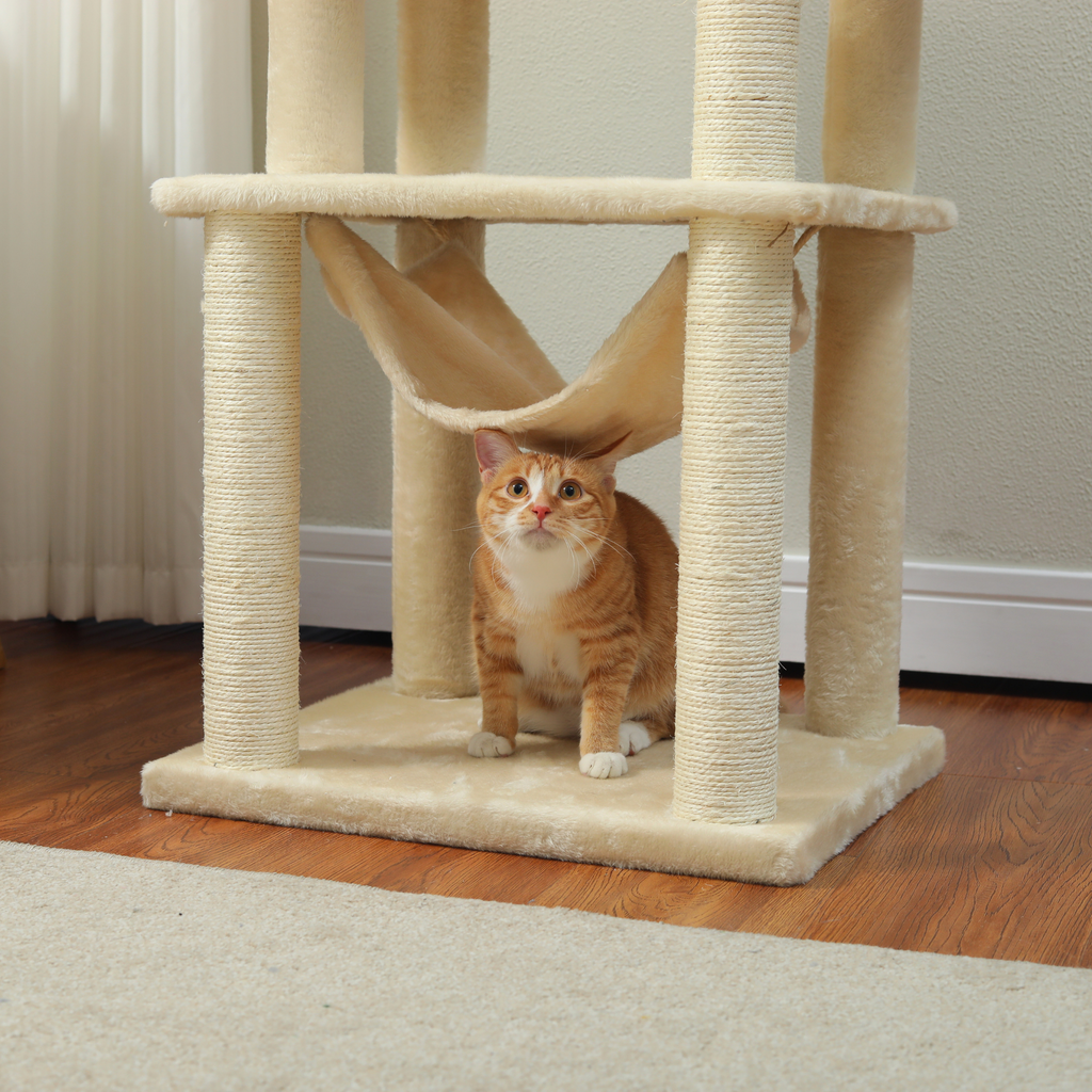 EcoPawPaw 132cm Modern Wooden Cat Tree with Cozy Condo, Hammock & Large Top Perch
