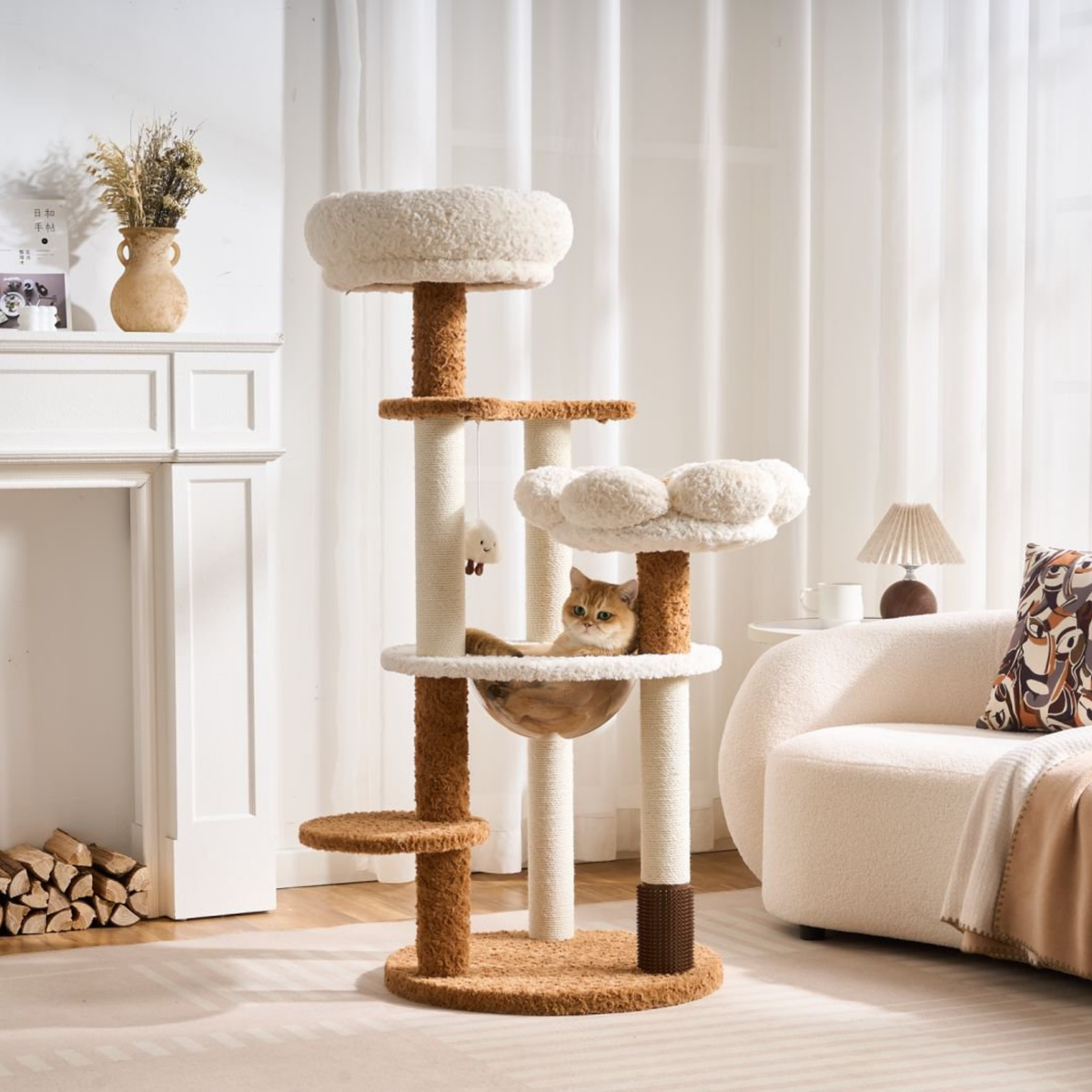 EcoPawPaw 128cm Flower Cat Tree with Transparent Hammock & Sisal Scratching Posts