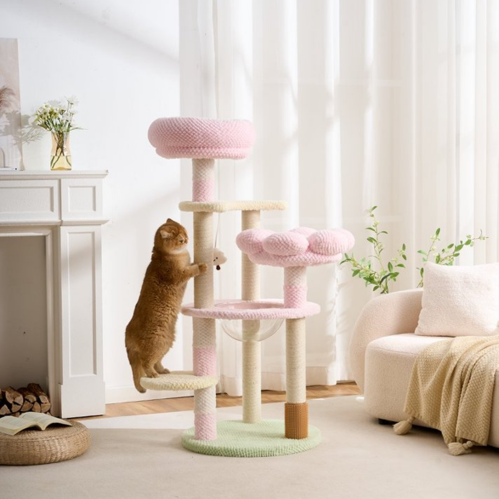EcoPawPaw 128cm Pink Flower Cat Tree with Transparent Hammock & Sisal Scratching Posts