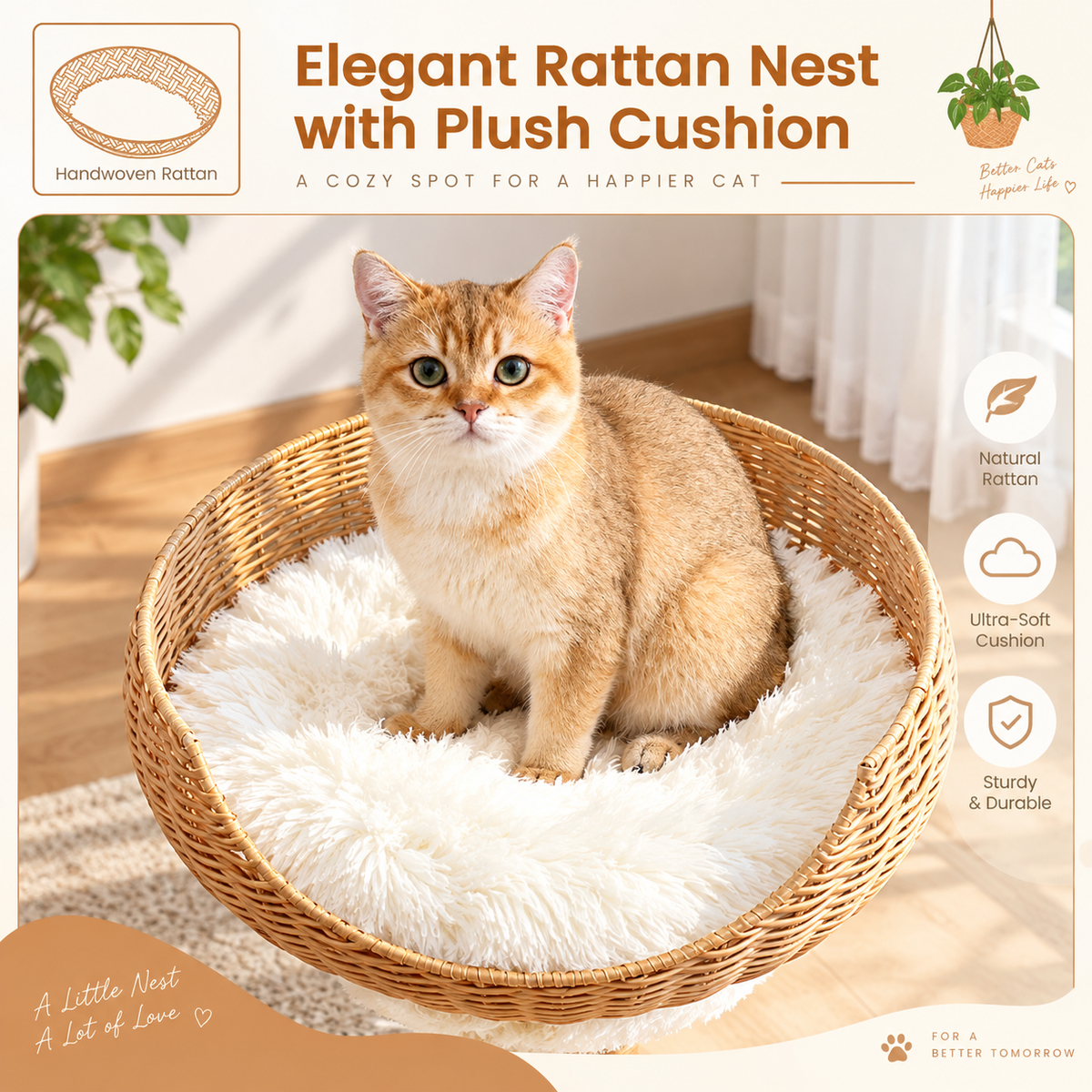 EcoPawPaw Natural Wood Cat Tree with Rattan Nest – 76 cm