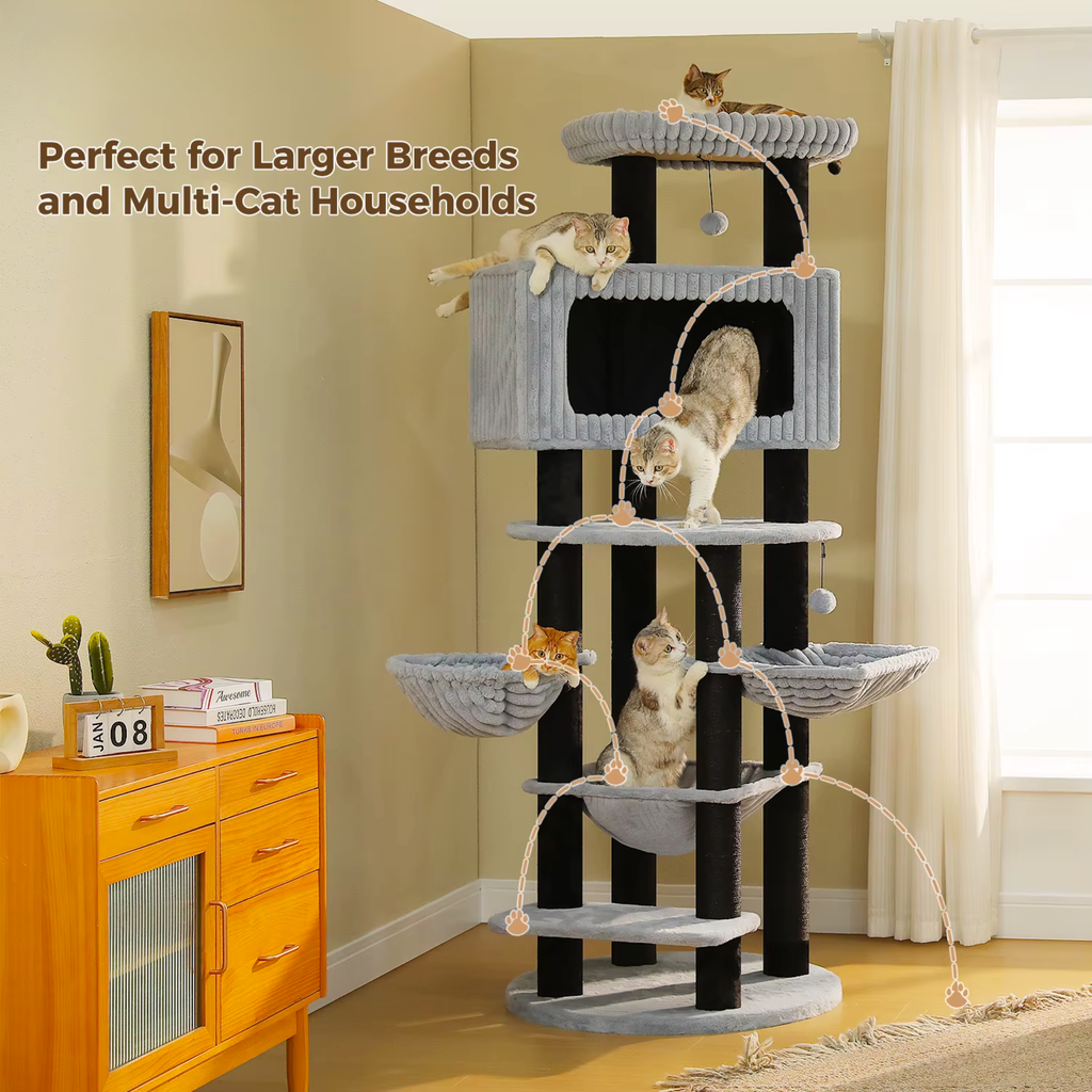EcoPawPaw Luxury XXL Cat Tree for Large Cats – Multi-Level Cat Tower with 3 Hammocks, Spacious Condo & Thick Scratching Posts