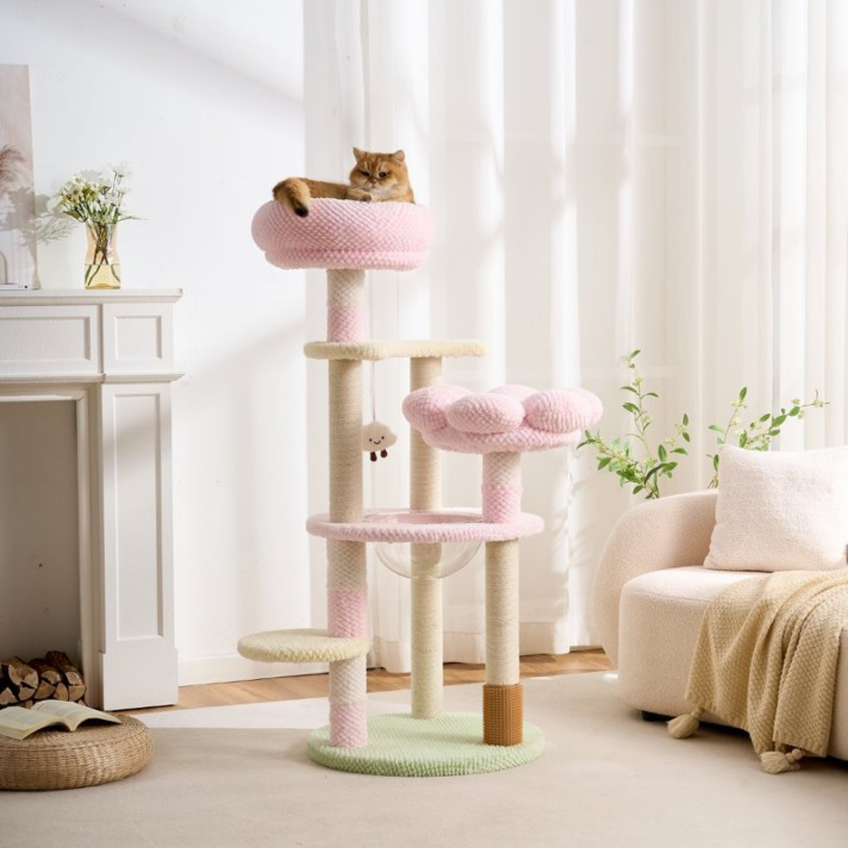 EcoPawPaw 128cm Pink Flower Cat Tree with Transparent Hammock & Sisal Scratching Posts