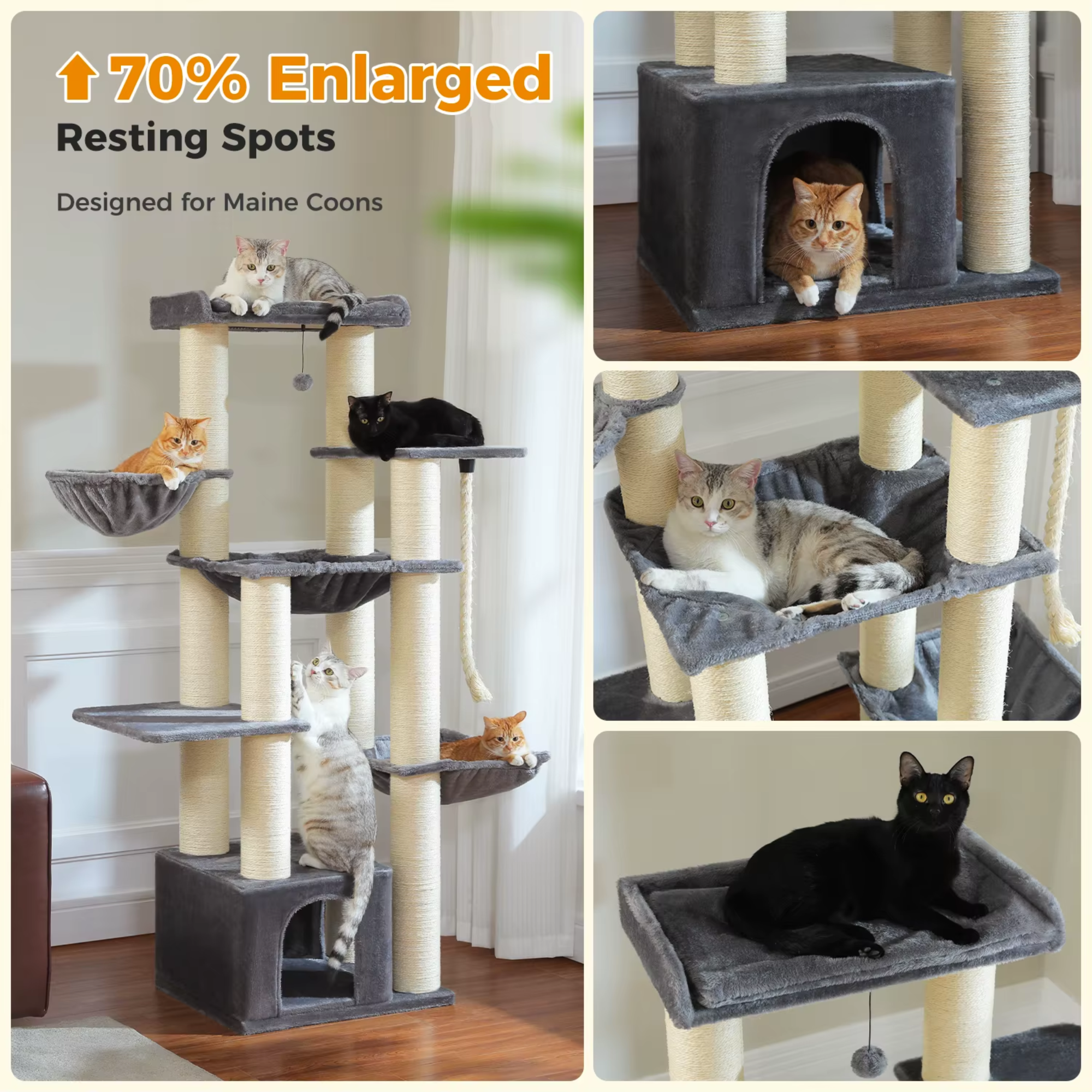 Ecopawpaw XXL Cat Tree for Large Cats 170CM – Heavy Duty Cat Tower with Extra Thick Sisal Posts, Hammocks, Condo & Large Platforms for Maine Coons