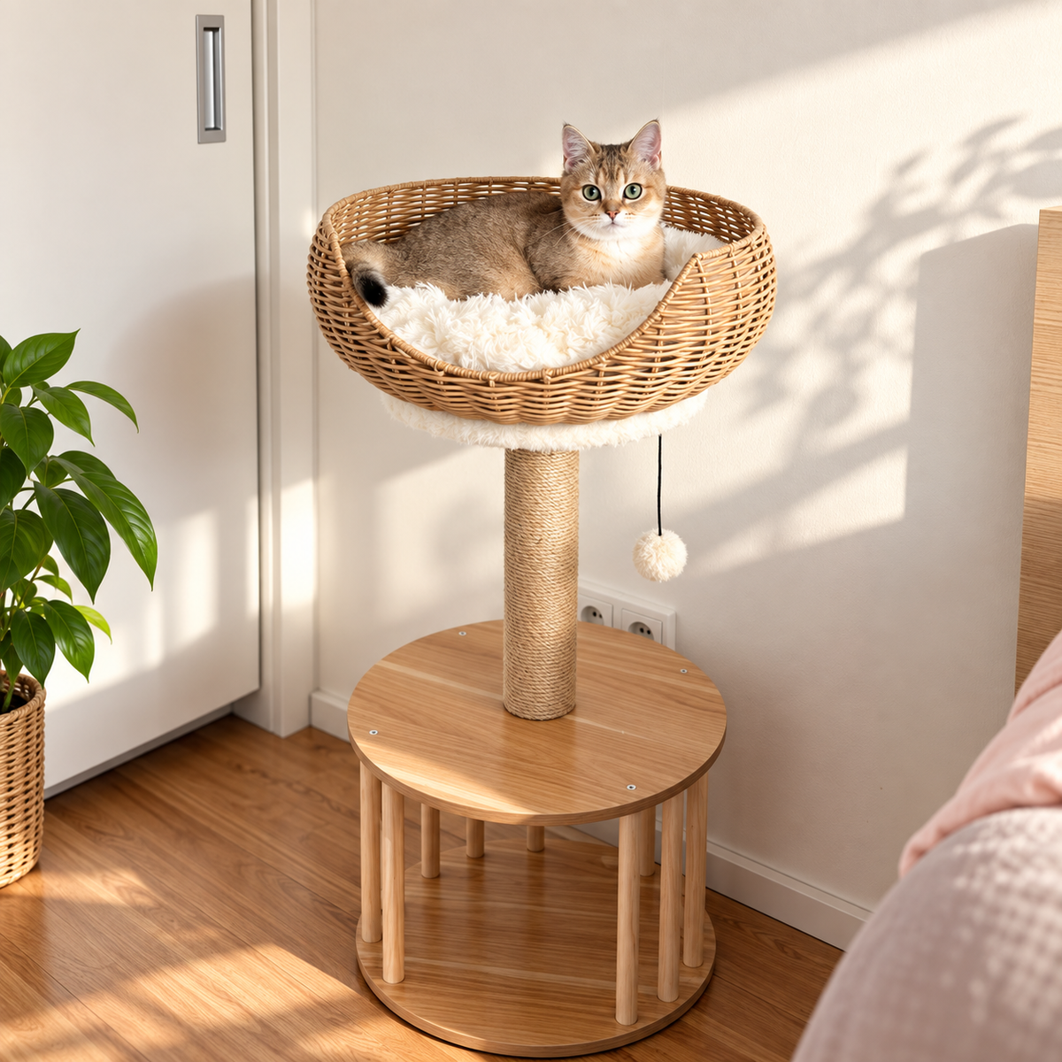 EcoPawPaw Natural Wood Cat Tree with Rattan Nest – 76 cm