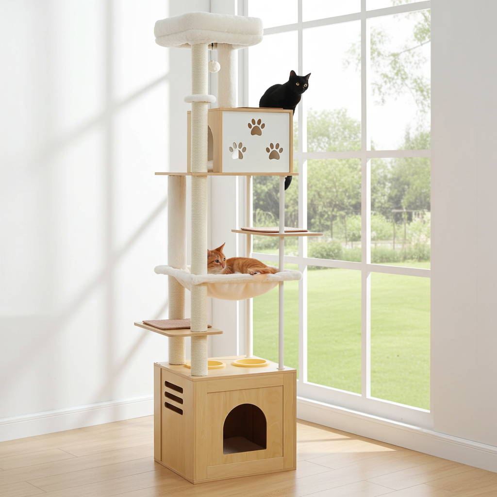 190cm Large Wooden Cat Tree with Food Station
