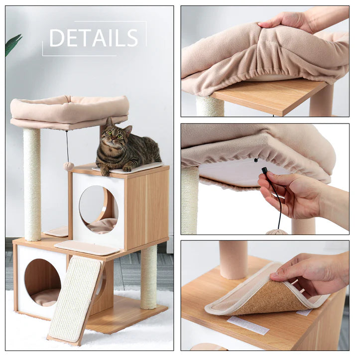 Cat tree detail images showing removable top cushion, dangling toy and platform pad