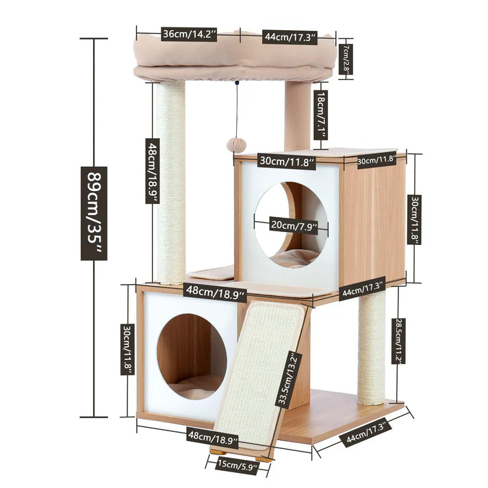 Cream cat tree size diagram: 89 cm tall with 48 by 44 cm base