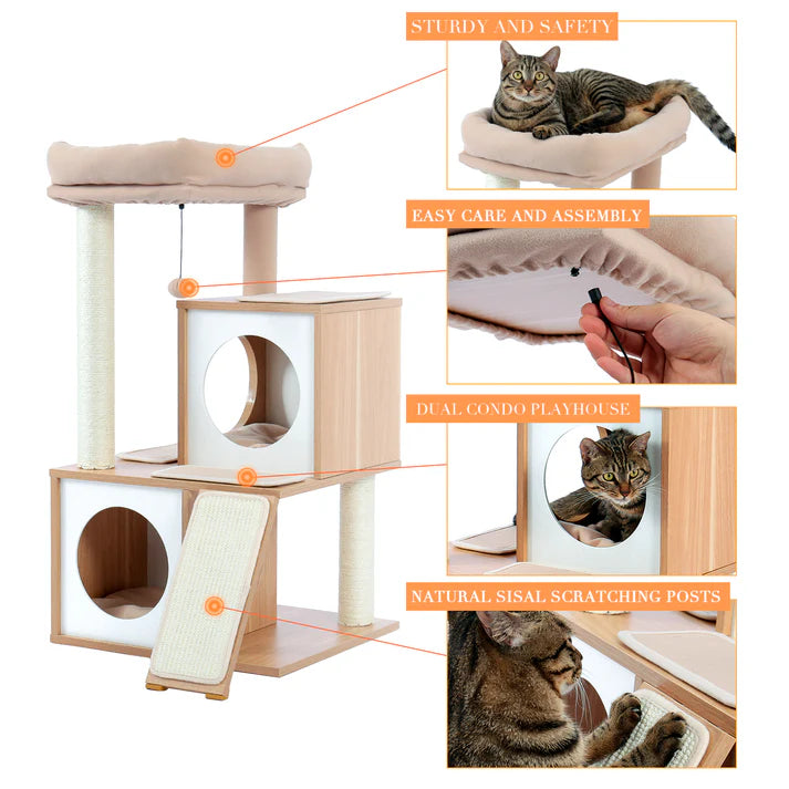 Cream cat tree features: padded perch, detachable toy, two condos and scratching surfaces