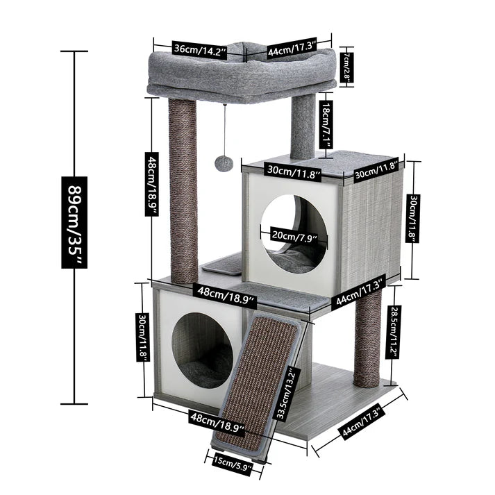Grey cat tree size diagram: 89 cm tall with 48 by 44 cm base