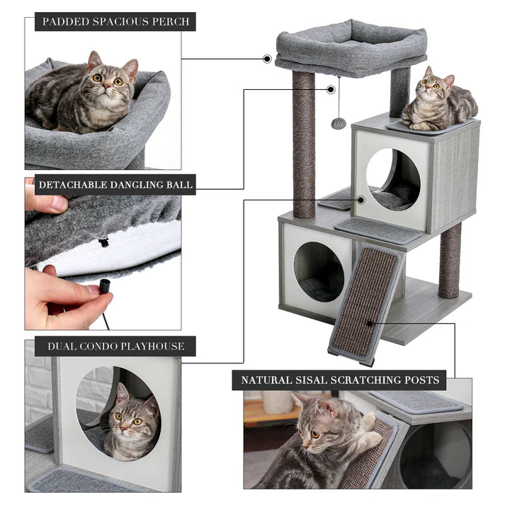 Grey cat tree features: padded perch, detachable ball, two condos and scratching surfaces