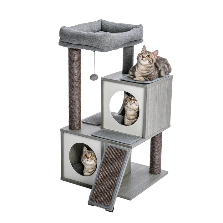 Grey cat tree with two condos, scratching ramp and cats
