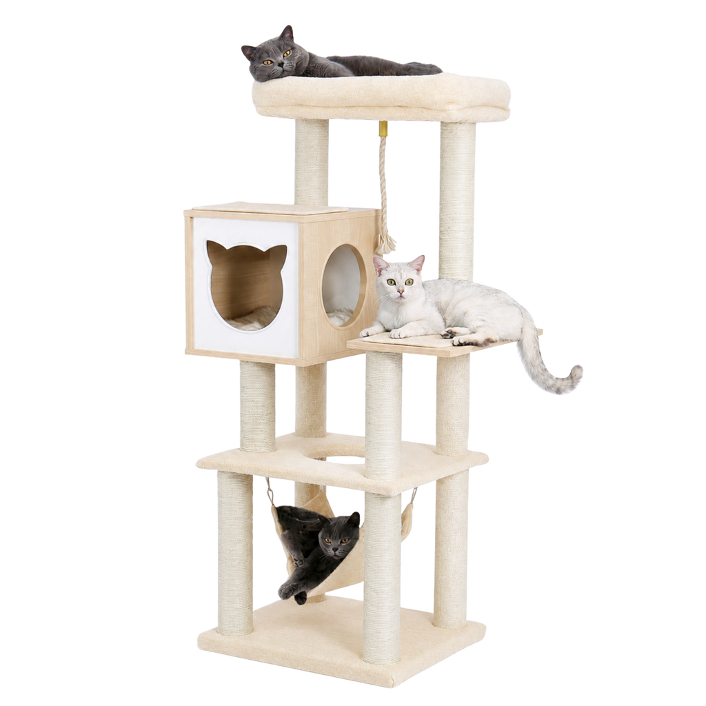 EcoPawPaw 132cm Modern Wooden Cat Tree with Cozy Condo, Hammock & Large Top Perch