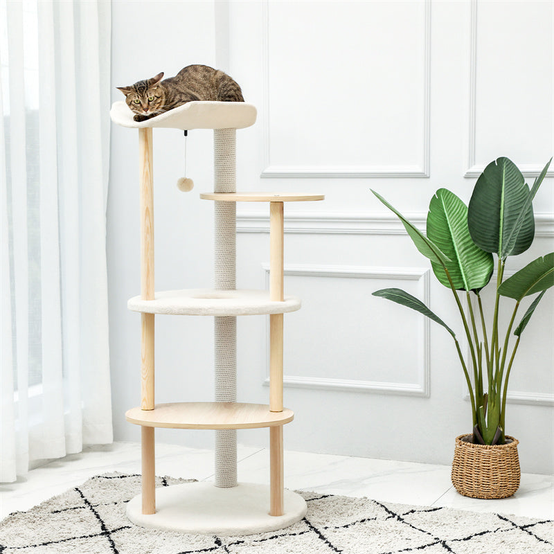 EcoPawPaw 124.5cm Japanese Minimalist Wooden Cat Tree – Modern Japandi Cat Tower with Scratching Post, Washable Pads & Perches