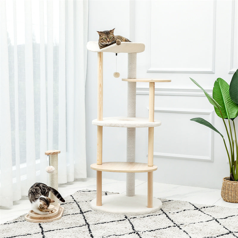 EcoPawPaw 124.5cm Japanese Minimalist Wooden Cat Tree – Modern Japandi Cat Tower with Scratching Post, Washable Pads & Perches