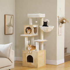 Cream wooden cat tree with cats resting in a living room