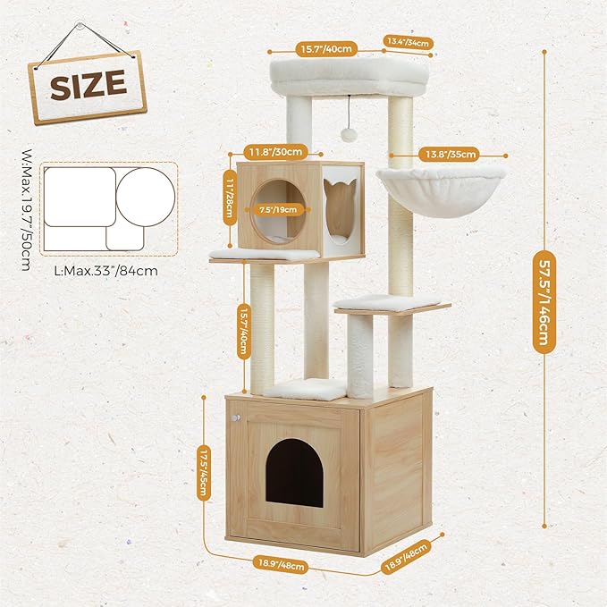 Cat tree dimensions diagram: 146 cm high with a 48 by 48 cm base