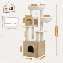 Cat tree dimensions diagram: 146 cm high with a 48 by 48 cm base