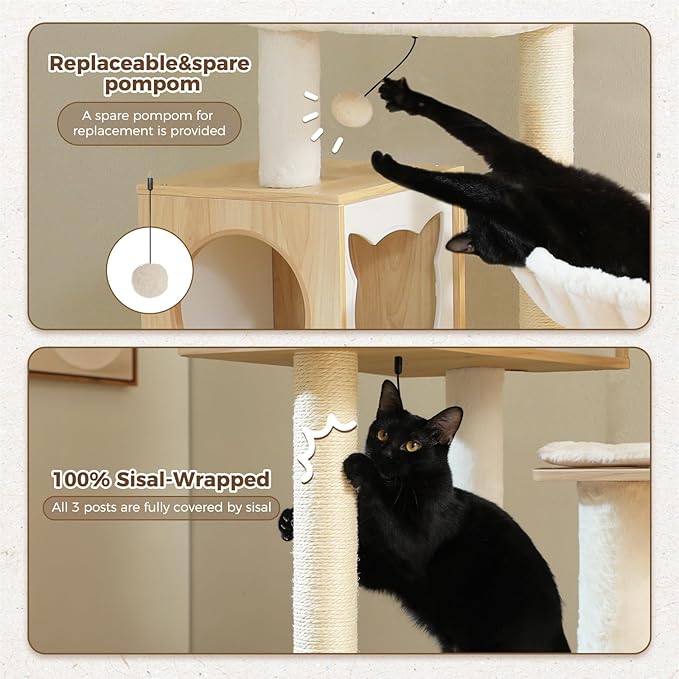 Cat playing with a replaceable pompom and scratching a sisal-wrapped post
