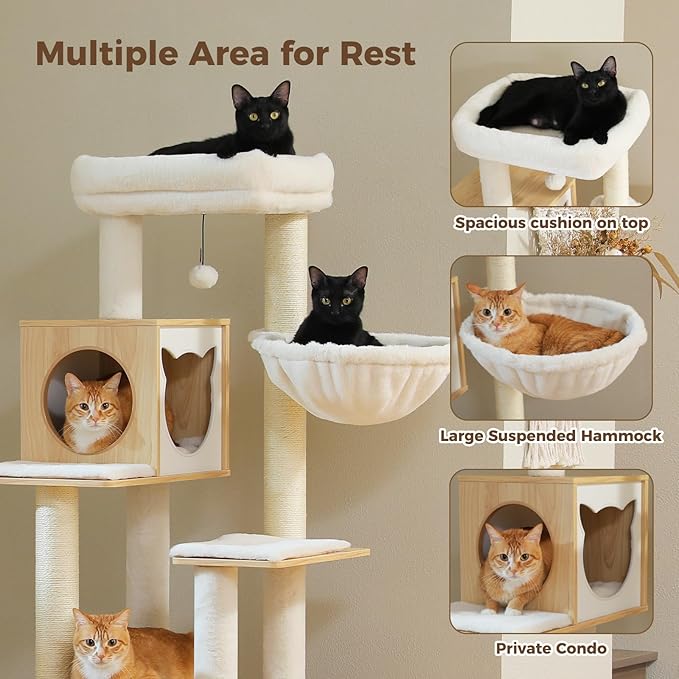 Cat tree resting areas including top cushion, hammock and private condo