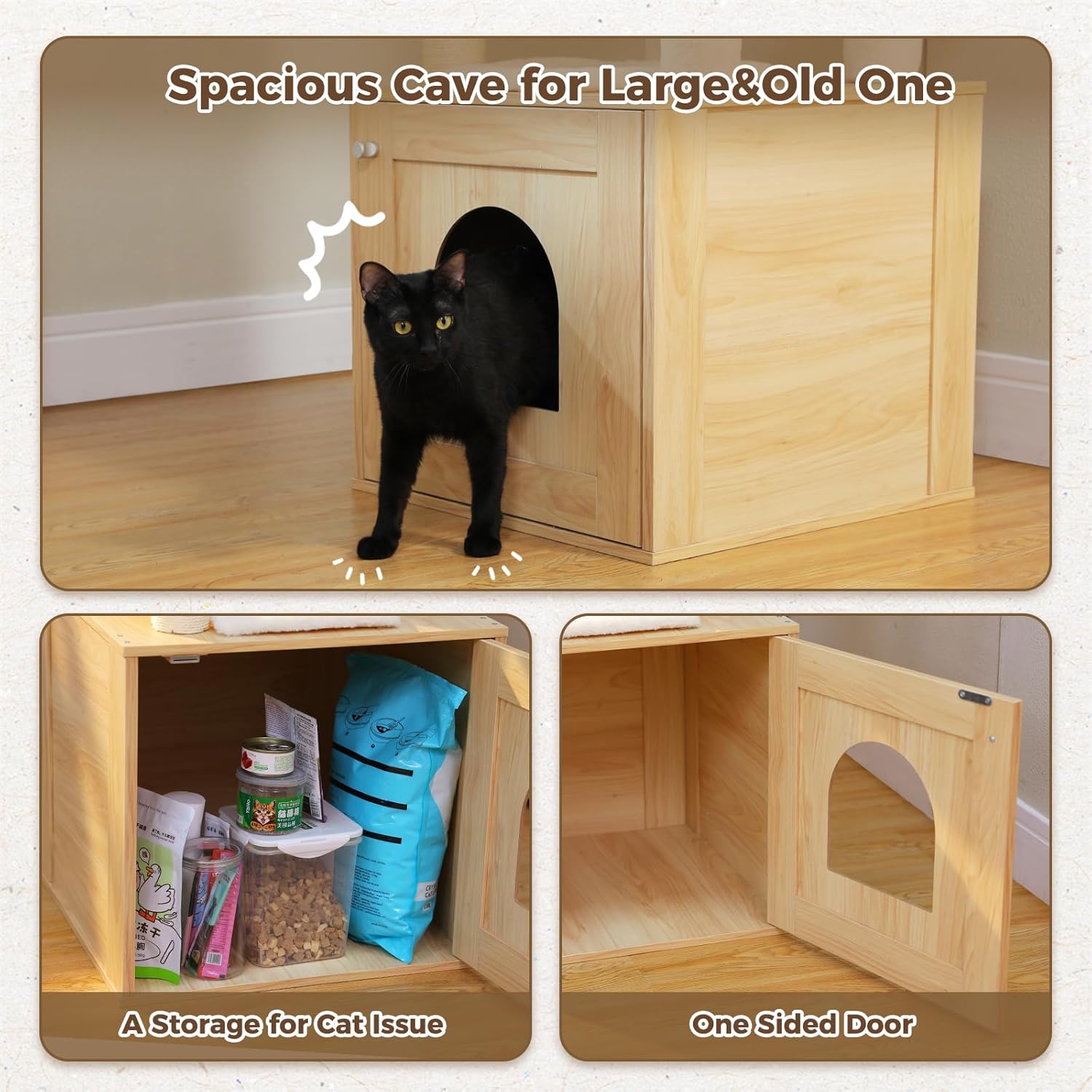 Wooden base cat cave with opening door and storage space