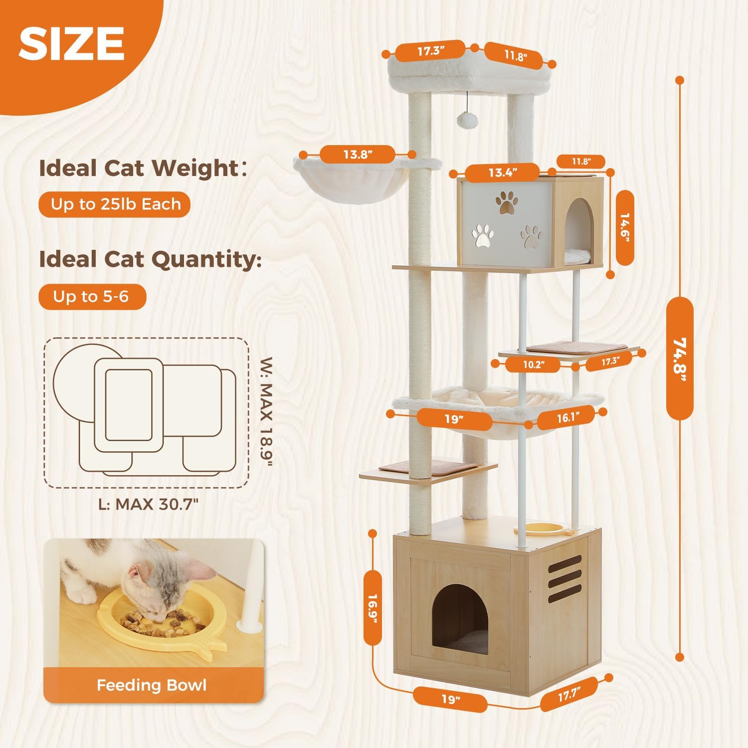 Cat tree size diagram showing 74.8 inch height and feeding bowl