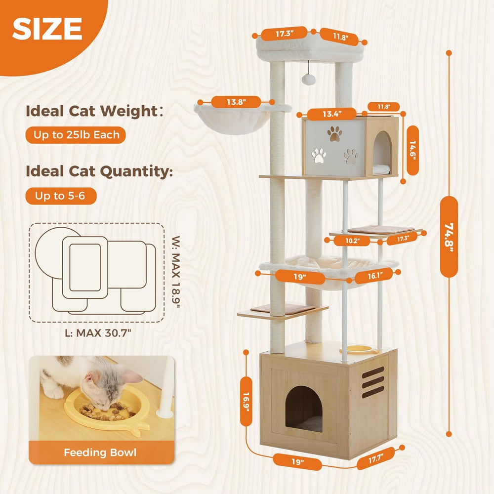 Cat tree size diagram showing 74.8 inch height and feeding bowl