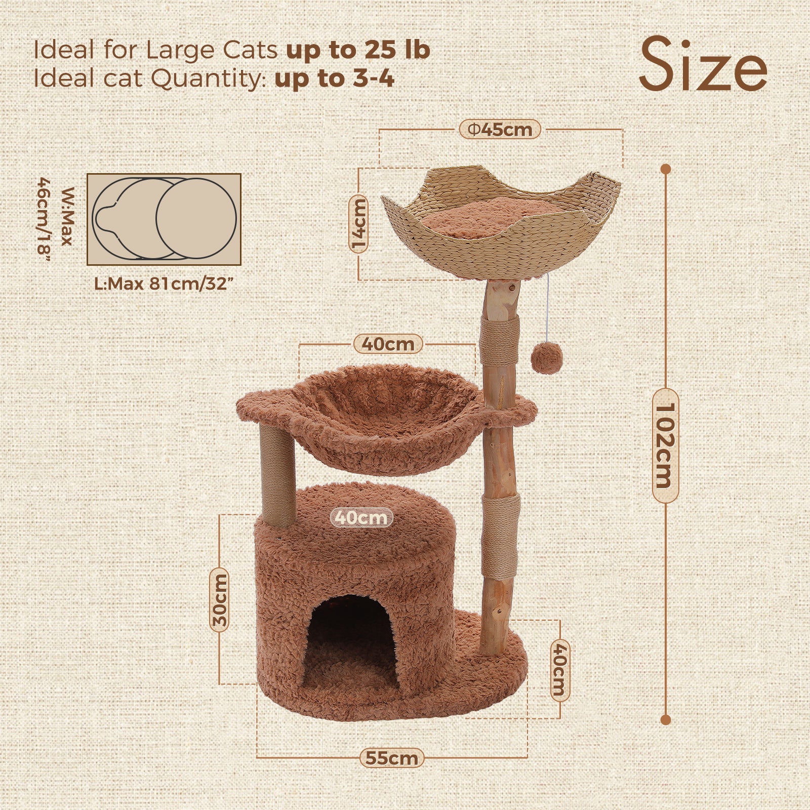 EcoPawPaw 102cm Natural Wood Cat Tree with Woven Basket & Cozy Cat House