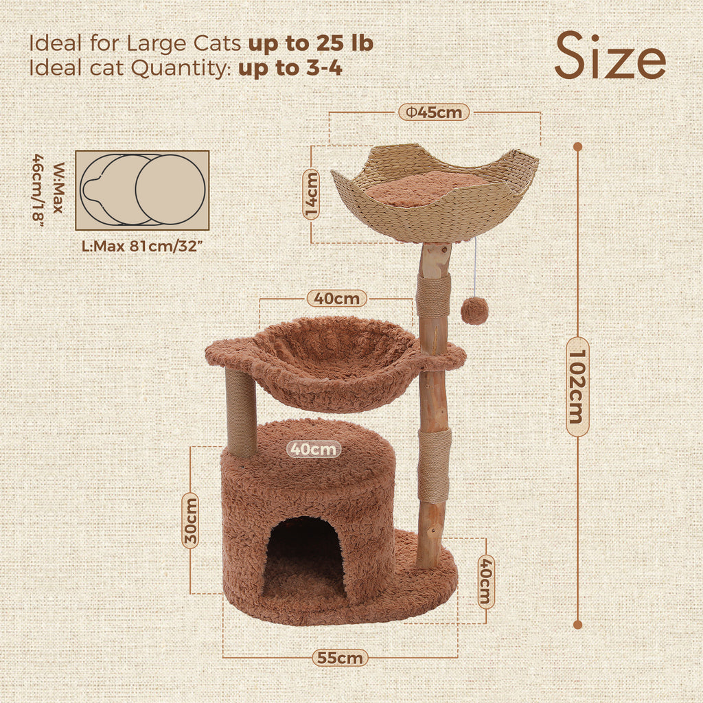 EcoPawPaw 102cm Natural Wood Cat Tree with Woven Basket & Cozy Cat House