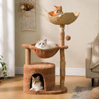 EcoPawPaw 102cm Natural Wood Cat Tree with Woven Basket & Cozy Cat House