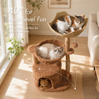 EcoPawPaw 102cm Natural Wood Cat Tree with Woven Basket & Cozy Cat House