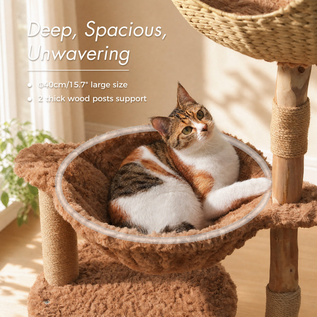 EcoPawPaw 102cm Natural Wood Cat Tree with Woven Basket & Cozy Cat House